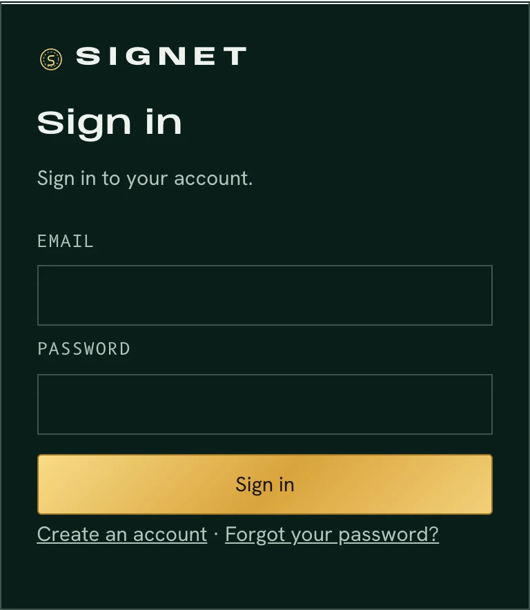 Signet’s sign-in page: email and password fields, a Sign in button, and links to create an account or reset a password.